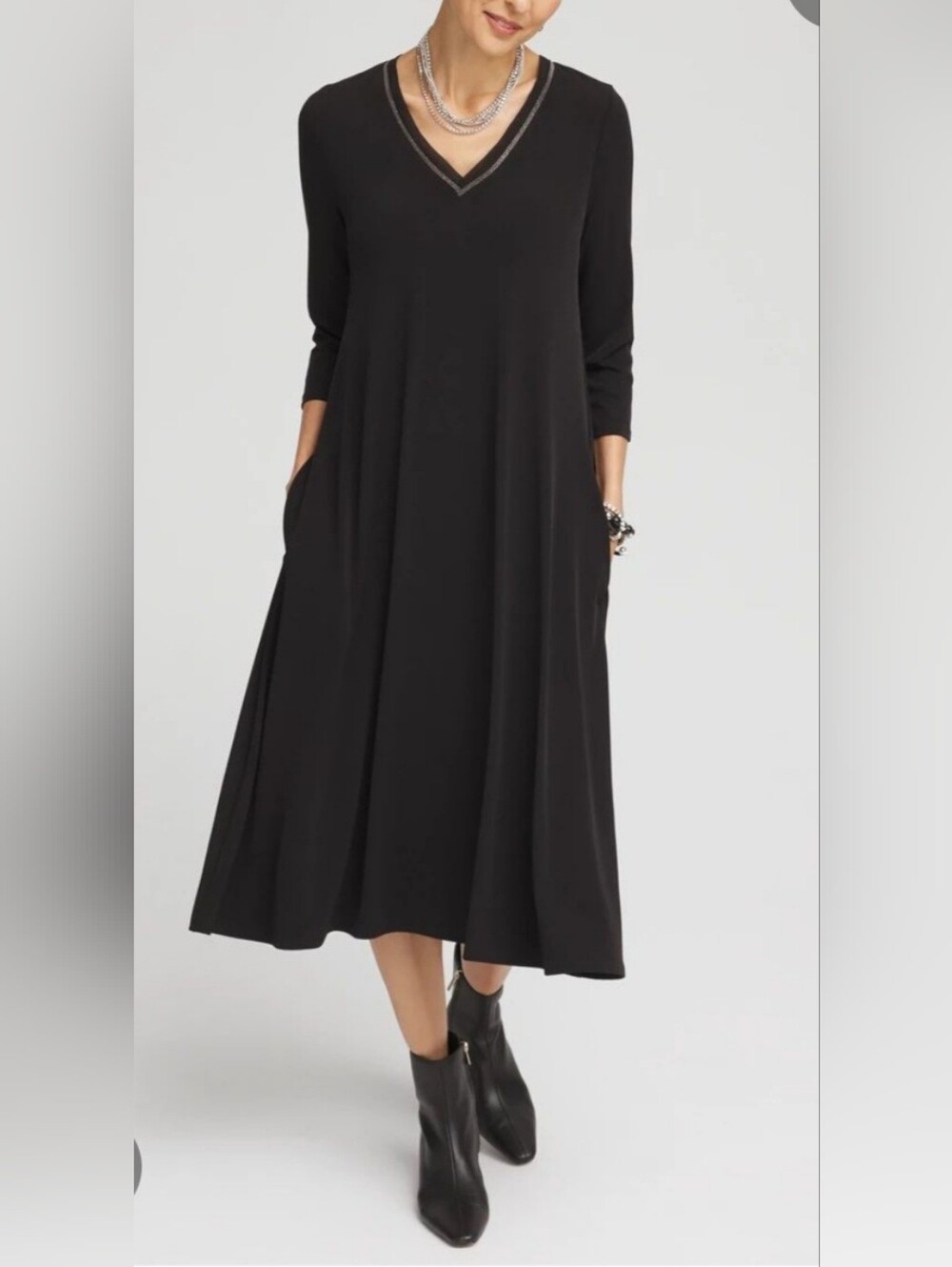 Chico's Ball & Chain Black Midi V-Neck A-Line Dress. Size L.